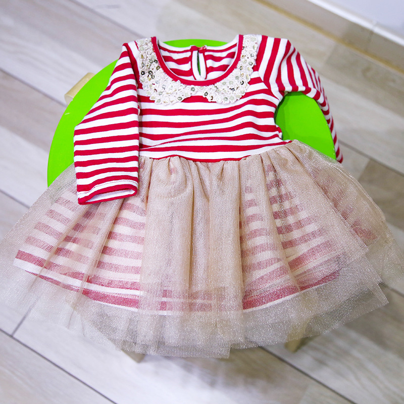 婴童装连衣裙订货  针织条纹娃娃领亮片钉珠蓬蓬裙 100件起订