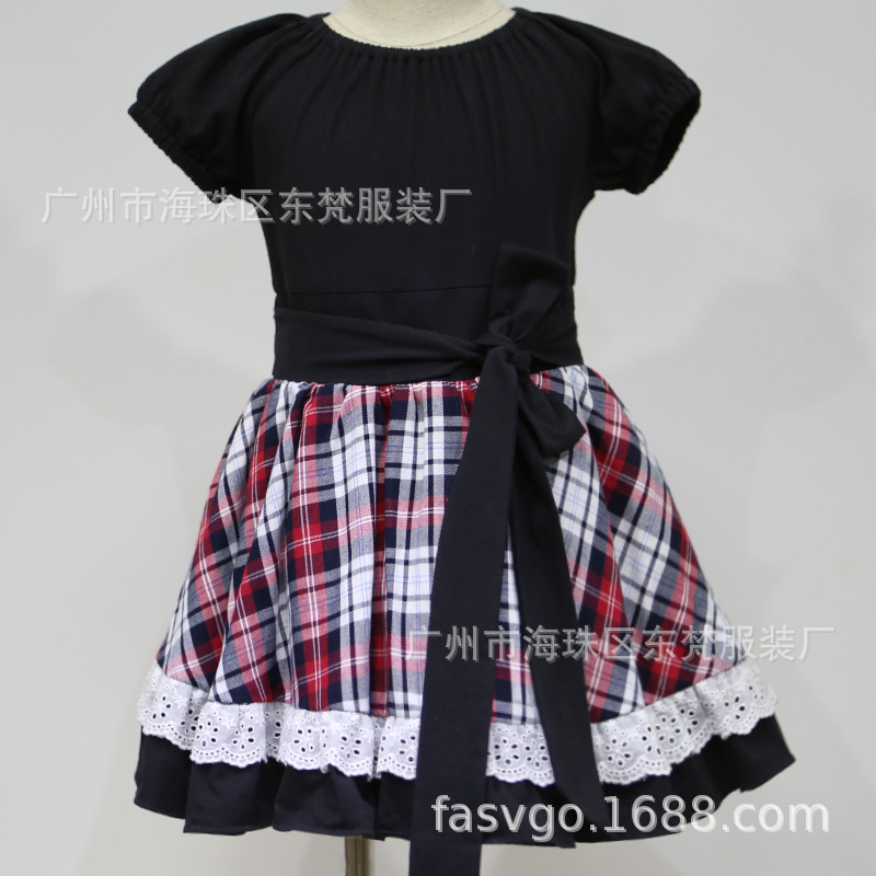 工厂开发新款童装连衣裙 格纹拼接女童裙子 200件起订
