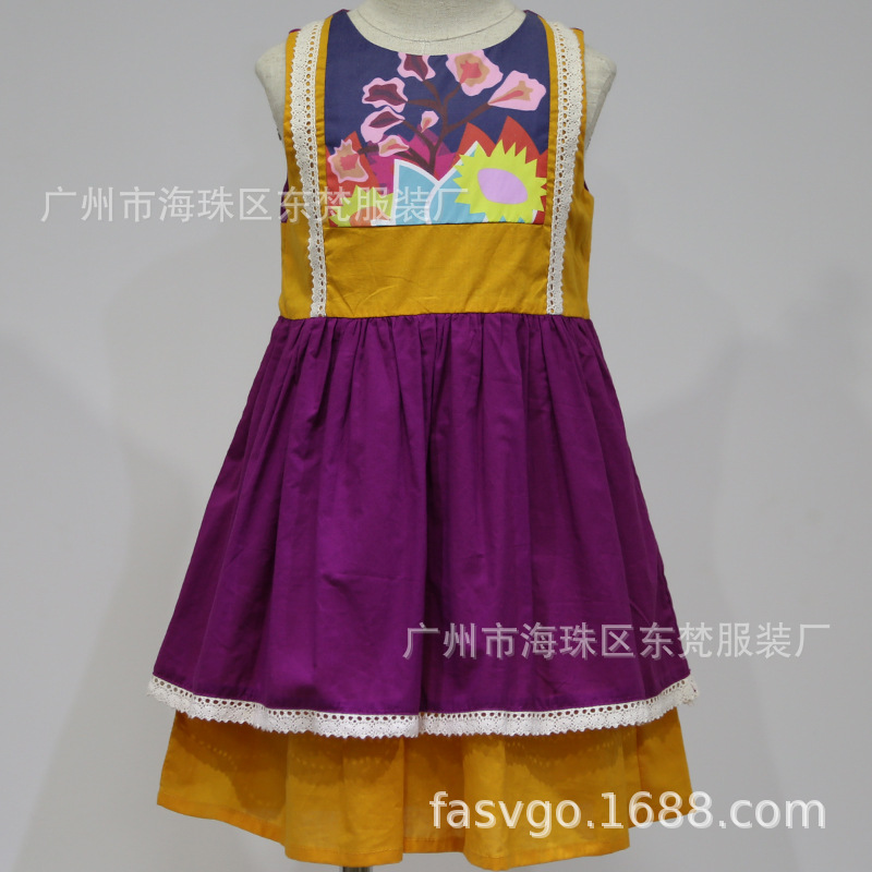工厂开发新款童装连衣裙 印花无袖拼色女童裙子 200件起订