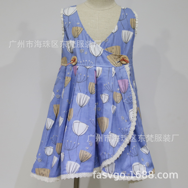 工厂开发新款童装 印花压褶纯棉女童连衣裙 200件起订