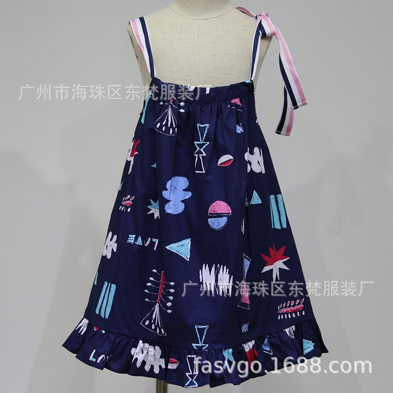 工厂开发新款童装 纯棉手绘印花女童吊带连衣裙 100件起订