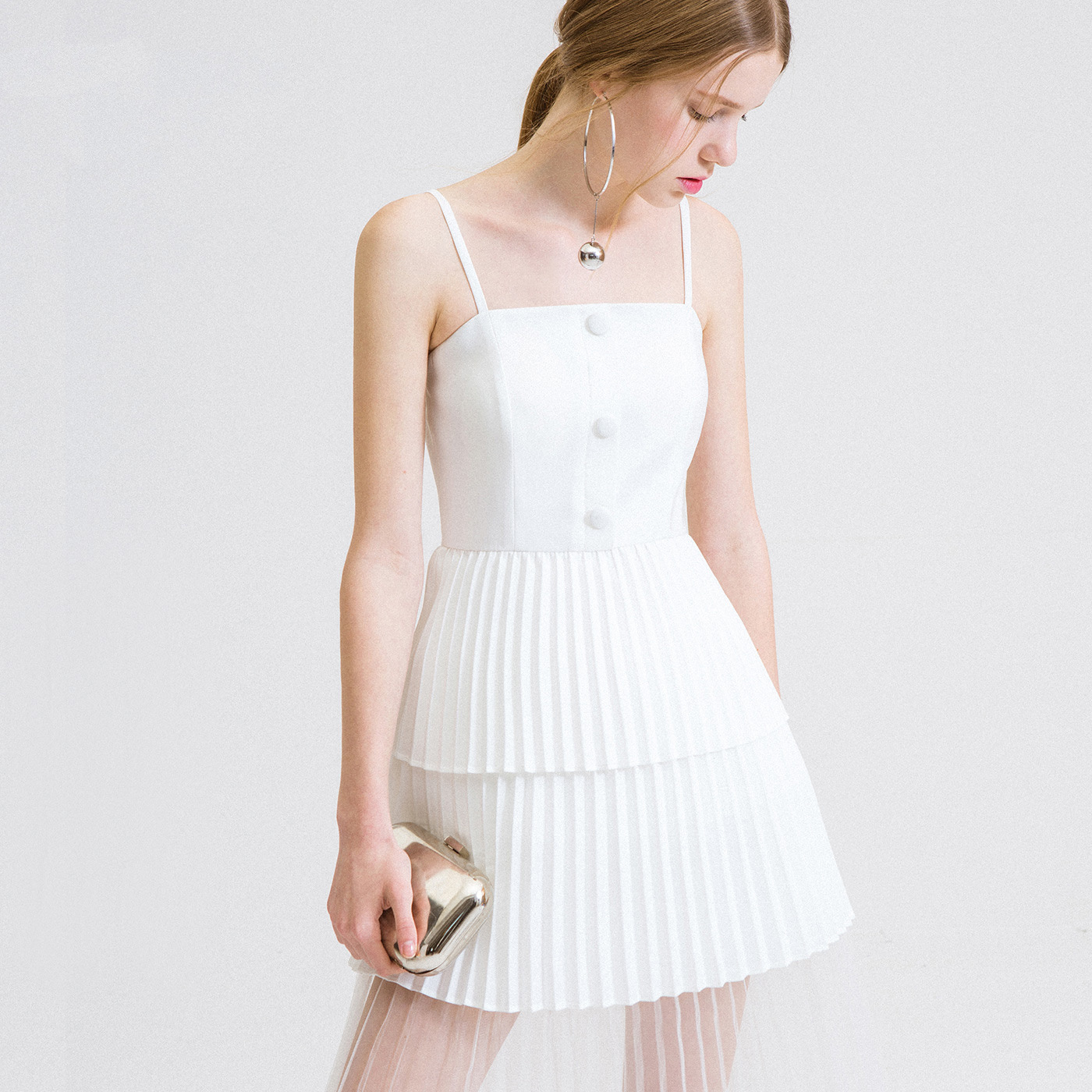 夏装新款女装加工 欧美简约白色吊带网纱连衣裙时尚显瘦露肩裙子