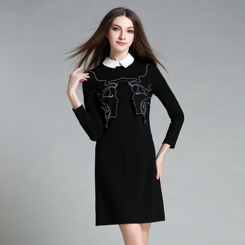 欧洲站2016秋装新款女装黑色减龄修身娃娃领修身休闲连衣裙