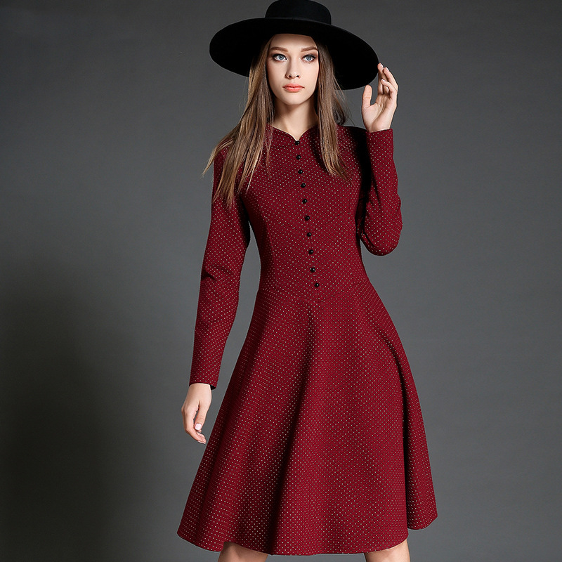 2016秋季新款欧美时尚女装简约修身中长款长袖连衣裙